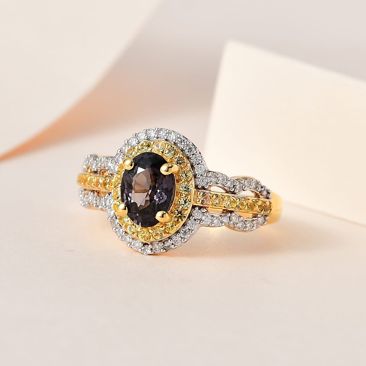 Premium Tanzanian Platinum Spinel, Multi Gemstone Double Halo Ring in Rhodium and Vermeil Yellow Gold Over Sterling Silver 1.40 ctw image number 1