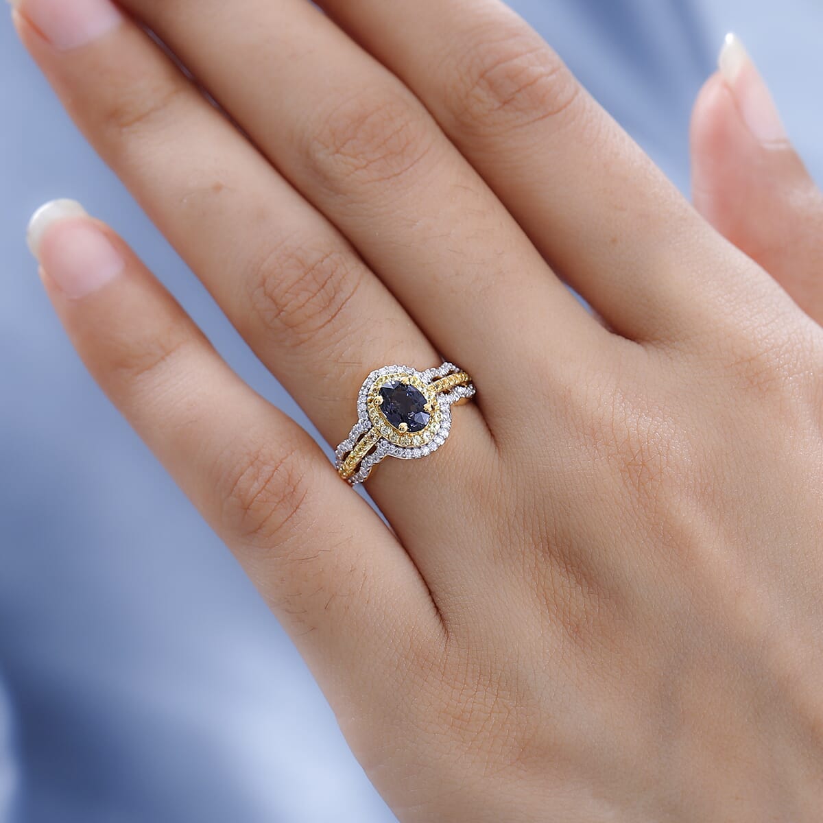 Premium Tanzanian Platinum Spinel, Multi Gemstone Double Halo Ring in Rhodium and Vermeil Yellow Gold Over Sterling Silver 1.40 ctw image number 2
