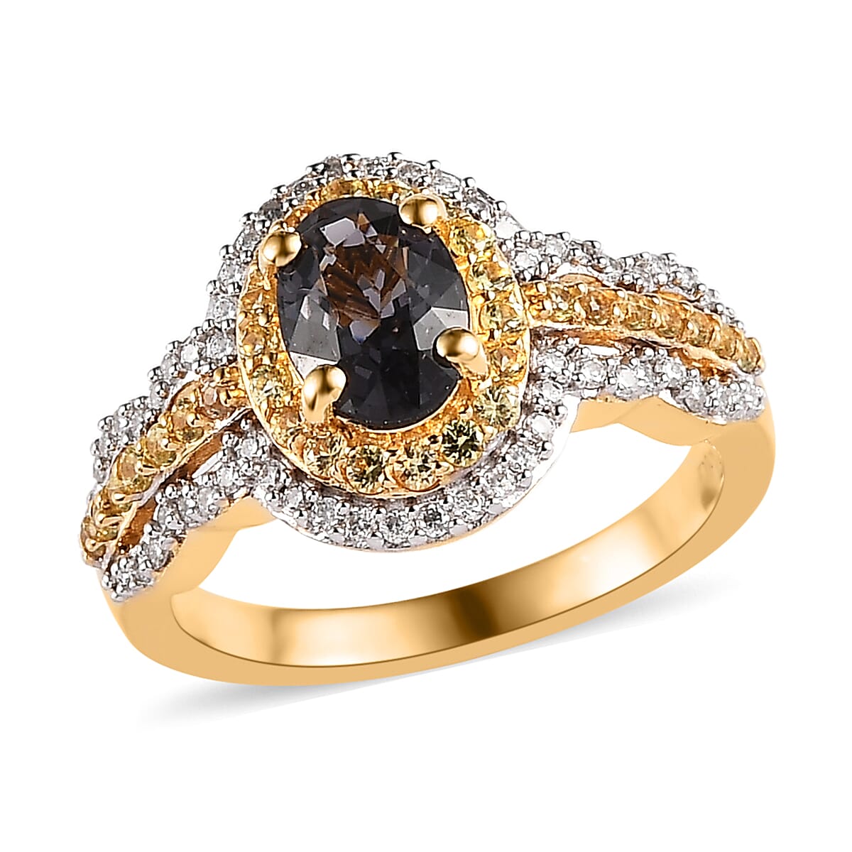 Premium Tanzanian Platinum Spinel, Multi Gemstone Double Halo Ring in Rhodium and Vermeil Yellow Gold Over Sterling Silver 1.40 ctw