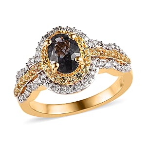 Premium Tanzanian Platinum Spinel, Multi Gemstone Double Halo Ring in Rhodium and Vermeil Yellow Gold Over Sterling Silver (Size 5.0) 1.40 ctw