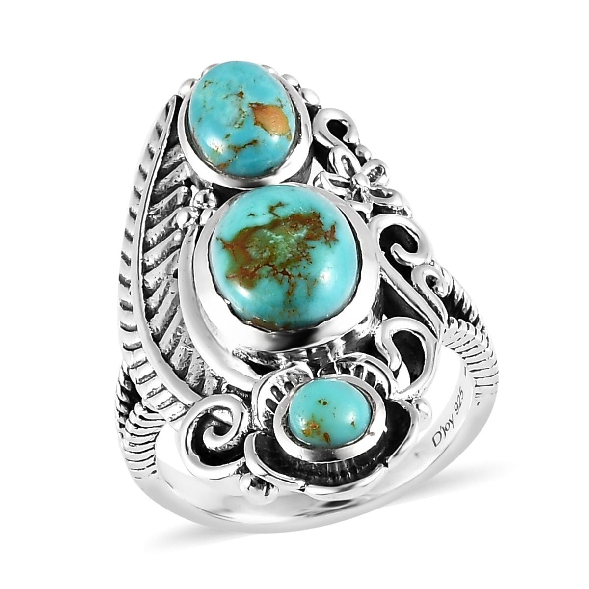 Artisan Crafted Royston Turquoise 3 Stone Ring in Sterling Silver 3.15 ctw image number 0