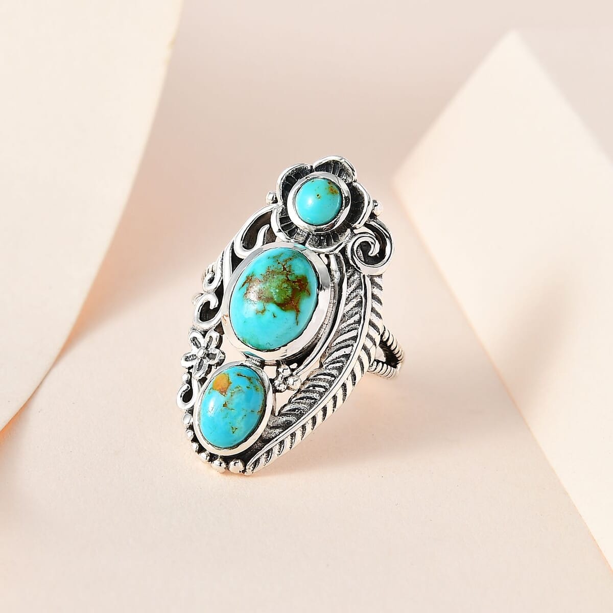 Artisan Crafted Royston Turquoise 3 Stone Ring in Sterling Silver 3.15 ctw image number 1