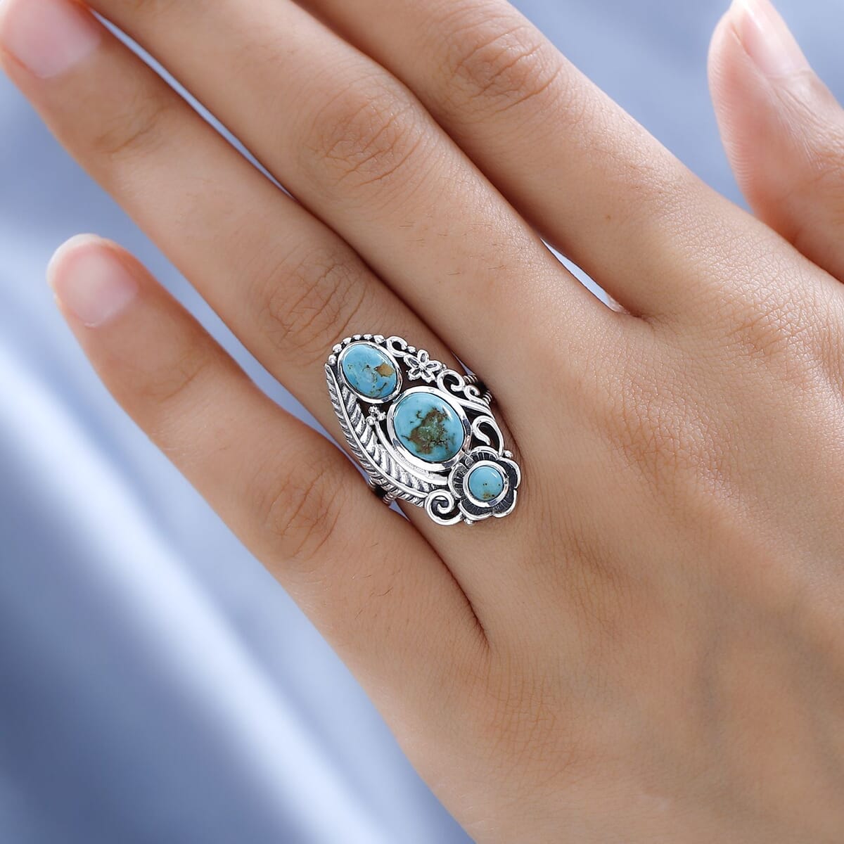 Artisan Crafted Royston Turquoise 3 Stone Ring in Sterling Silver 3.15 ctw image number 2
