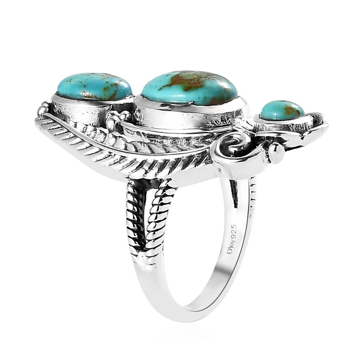 Artisan Crafted Royston Turquoise 3 Stone Ring in Sterling Silver 3.15 ctw image number 3