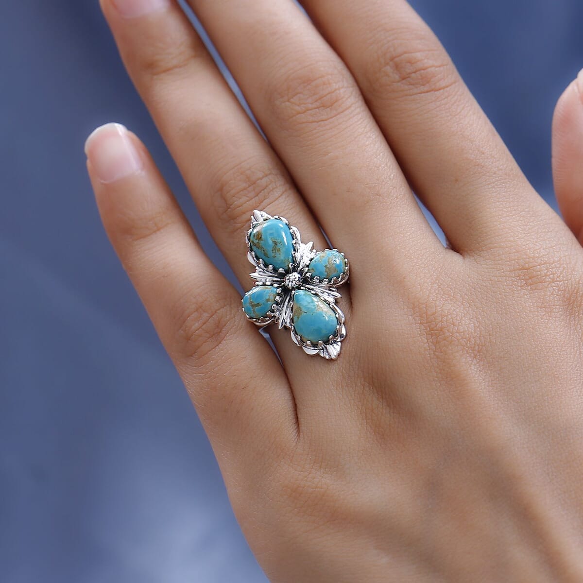 Artisan Crafted Royston Turquoise Floral Ring in Sterling Silver 5.90 ctw image number 2