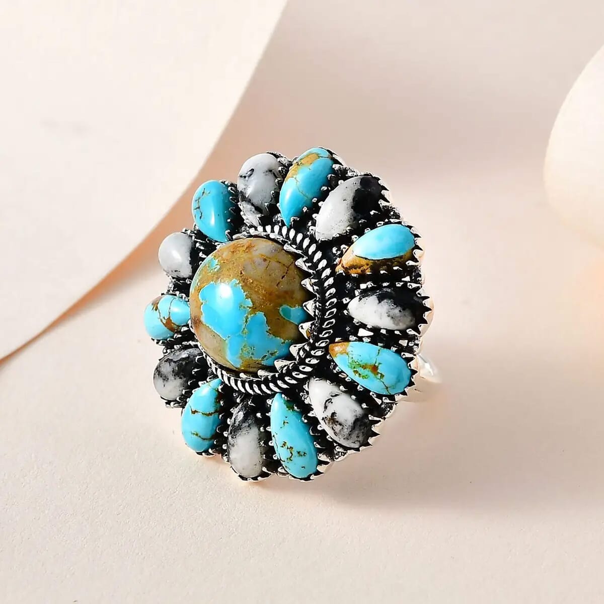 Artisan Crafted Royston Turquoise and White Buffalo Floral Ring in Sterling Silver 16.65 ctw image number 1