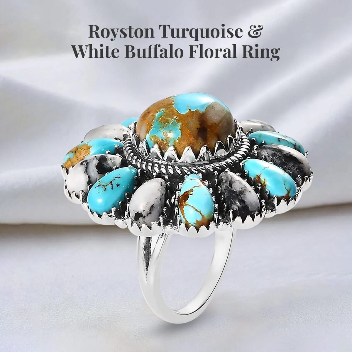 Artisan Crafted Royston Turquoise and White Buffalo Floral Ring in Sterling Silver 16.65 ctw image number 2