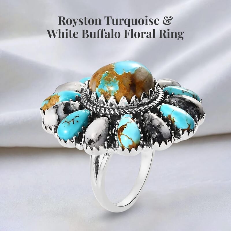 Artisan Crafted Royston Turquoise and White Buffalo Floral Ring in Sterling Silver (Size 10.0) 16.65 ctw