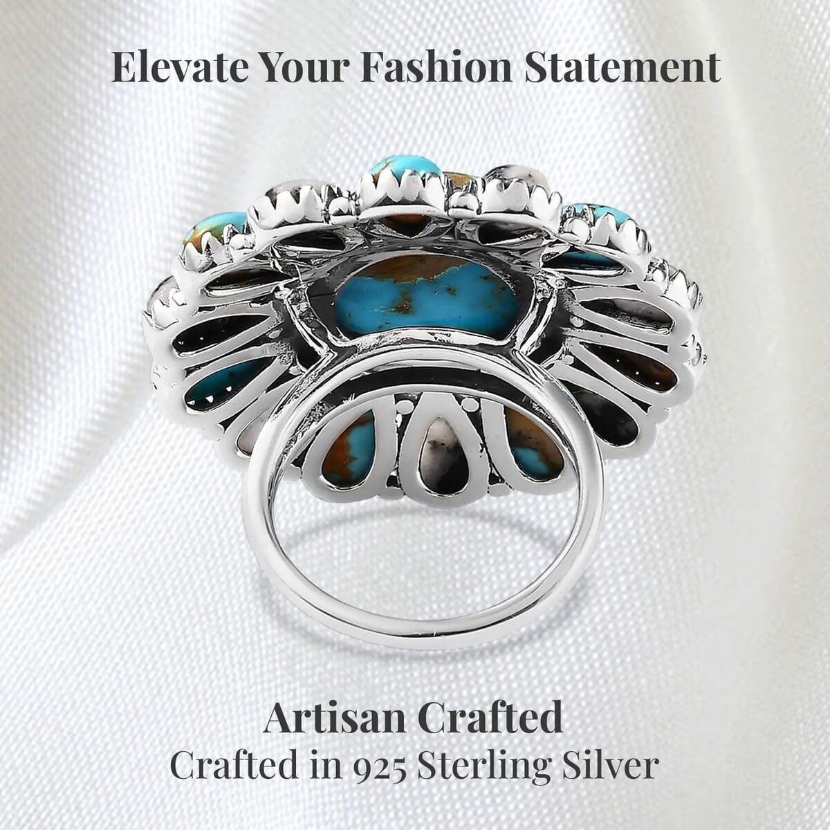 Artisan Crafted Royston Turquoise and White Buffalo Floral Ring in Sterling Silver 16.65 ctw image number 3
