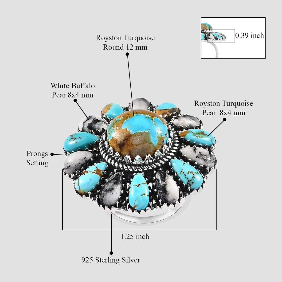 Artisan Crafted Royston Turquoise and White Buffalo Floral Ring in Sterling Silver 16.65 ctw image number 4