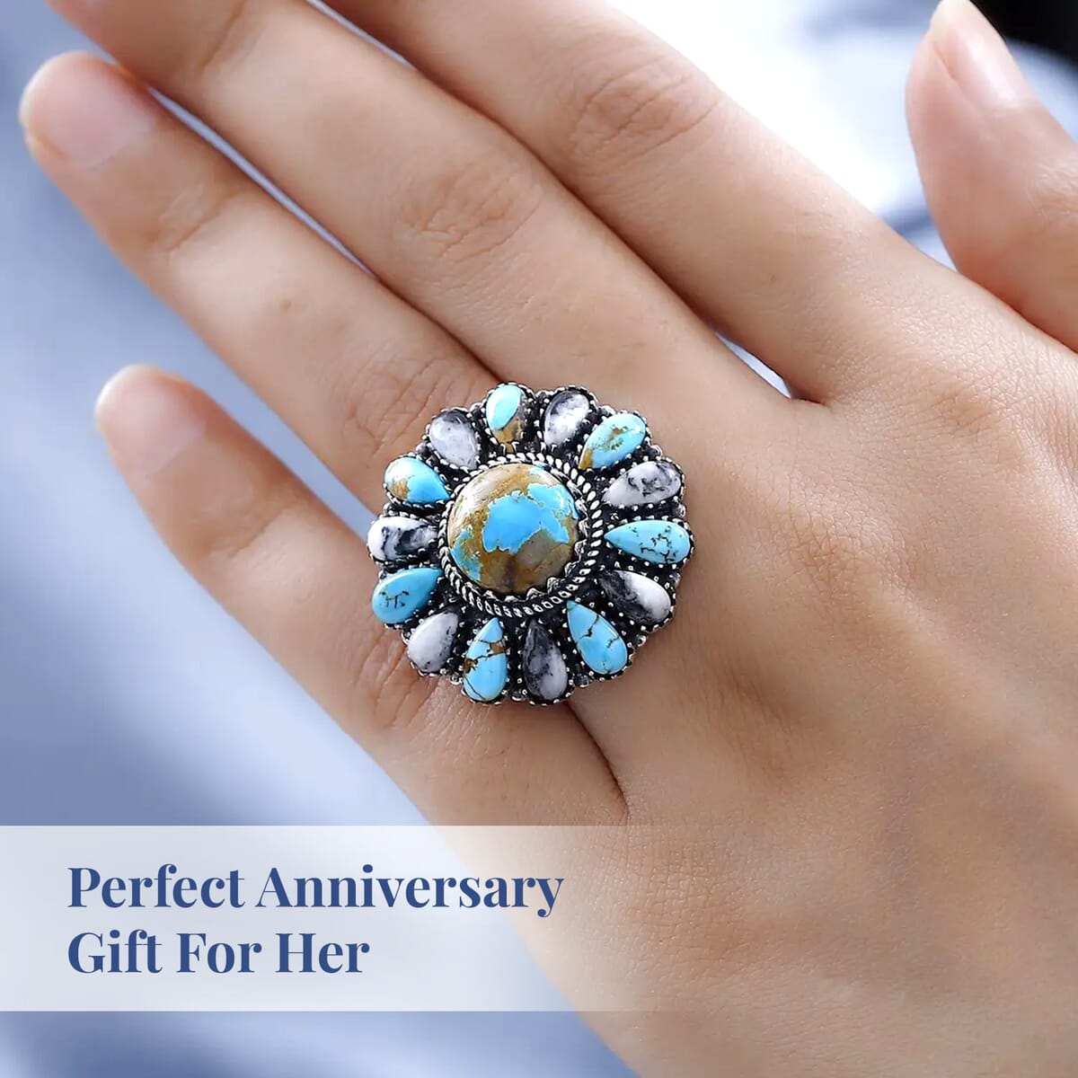 Artisan Crafted Royston Turquoise and White Buffalo Floral Ring in Sterling Silver 16.65 ctw image number 5