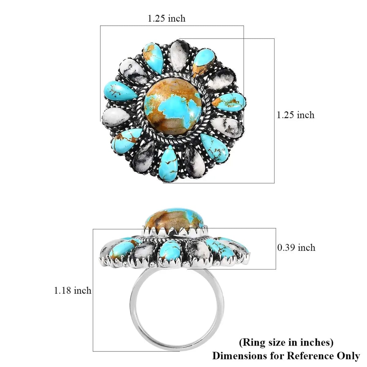 Artisan Crafted Royston Turquoise and White Buffalo Floral Ring in Sterling Silver 16.65 ctw image number 6