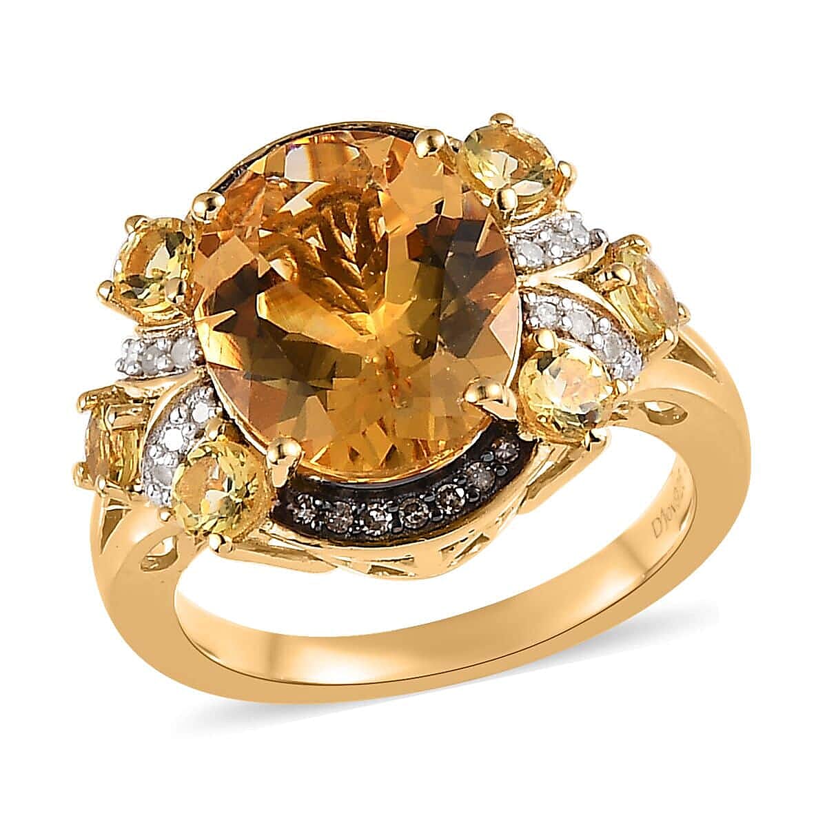 Premium Brazilian Heliodor, Natural Champagne and White Diamond Ring in Vermeil Yellow Gold Over Sterling Silver 4.90 ctw image number 0