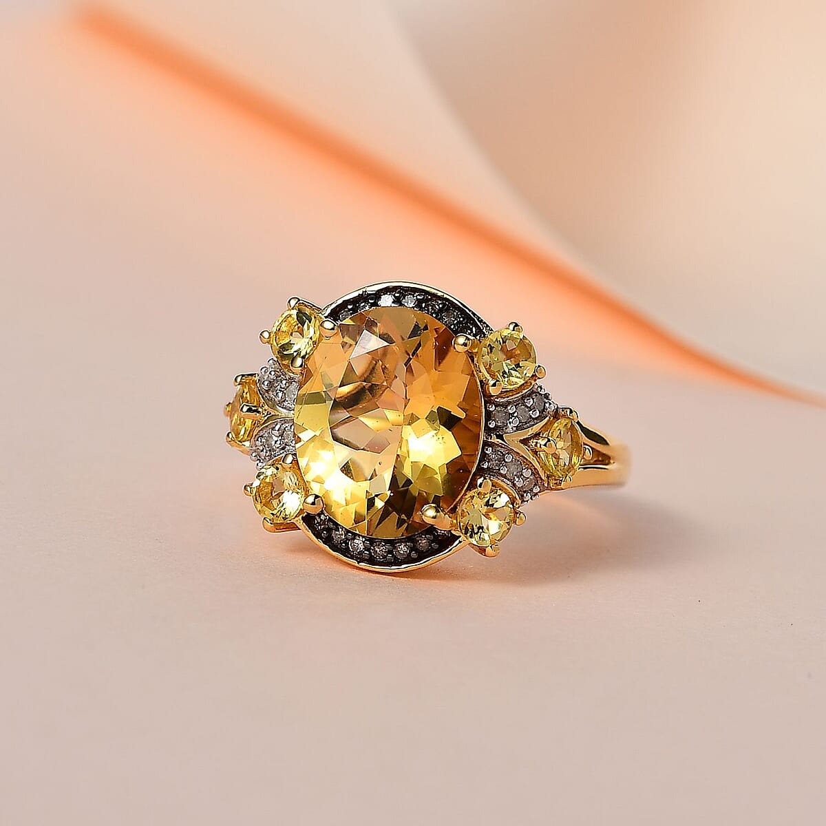 Premium Brazilian Heliodor, Natural Champagne and White Diamond Ring in Vermeil Yellow Gold Over Sterling Silver 4.90 ctw image number 1