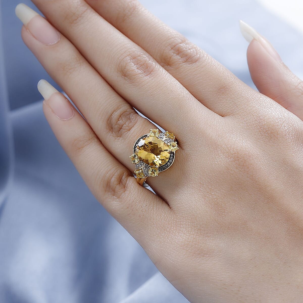 Premium Brazilian Heliodor, Natural Champagne and White Diamond Ring in Vermeil Yellow Gold Over Sterling Silver 4.90 ctw image number 2