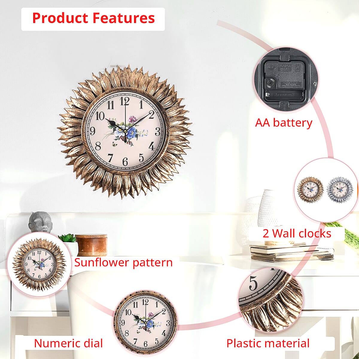Set of 2 Silver and Gold Color Sunflower Inspired Wall Clock (1xAA Battery Not Included) image number 1