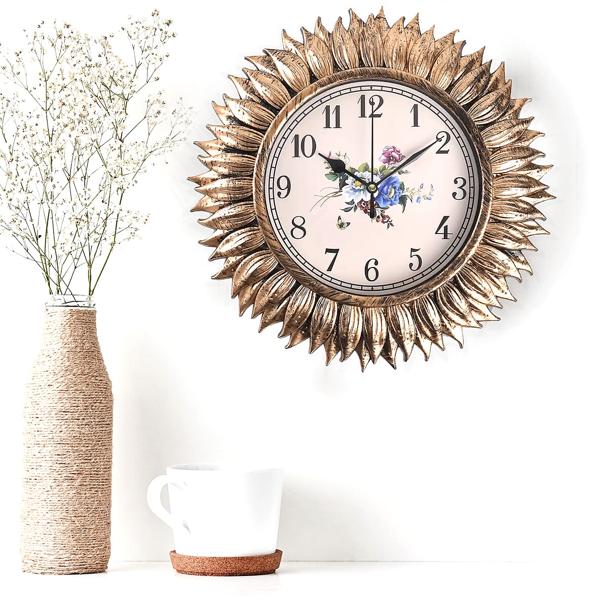 Set of 2 Silver and Gold Color Sunflower Inspired Wall Clock (1xAA Battery Not Included) image number 2