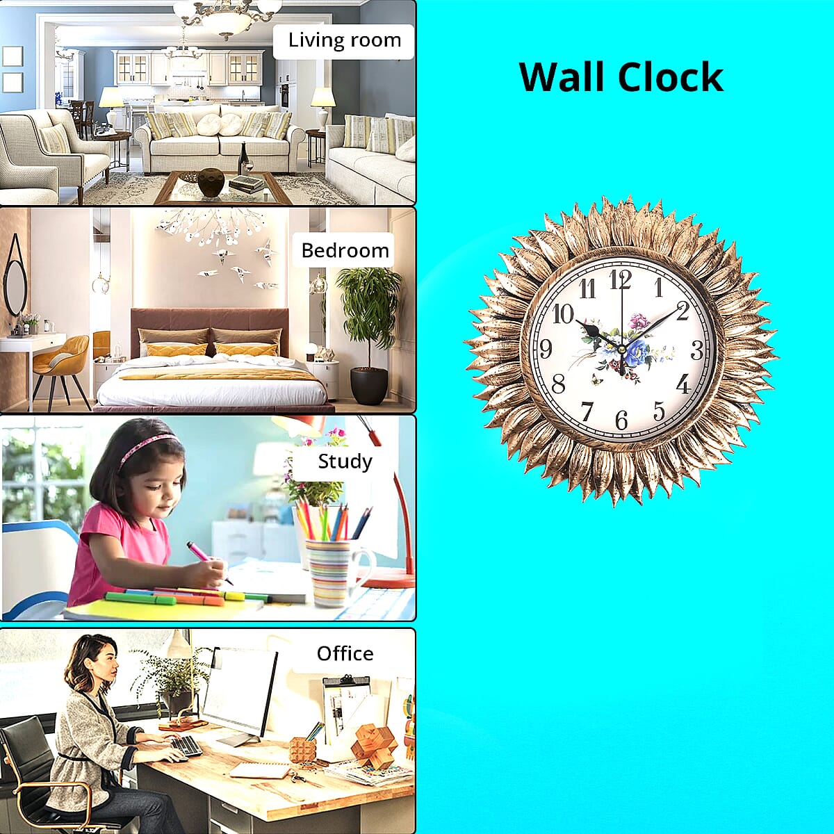 Set of 2 Silver and Gold Color Sunflower Inspired Wall Clock (1xAA Battery Not Included) image number 3