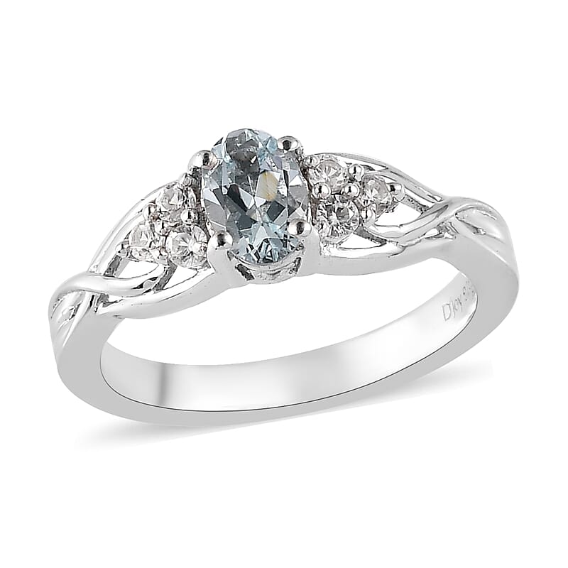 Premium Mangoro Aquamarine and White Zircon Ring in Platinum Over Sterling Silver (Size 10.0) 0.60 ctw