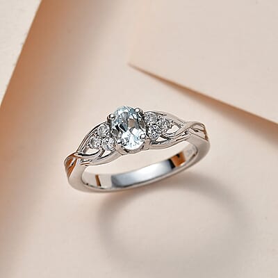 Premium Mangoro Aquamarine and White Zircon Ring in Platinum Over Sterling Silver (Size 10.0) 0.60 ctw
