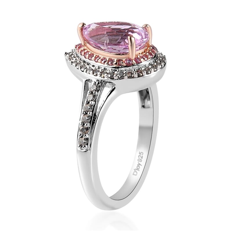 AAA Patroke Kunzite and Multi Gemstone Double Halo Ring in Vermeil RG and Platinum Over Sterling Silver (Size 6.0) 2.10 ctw