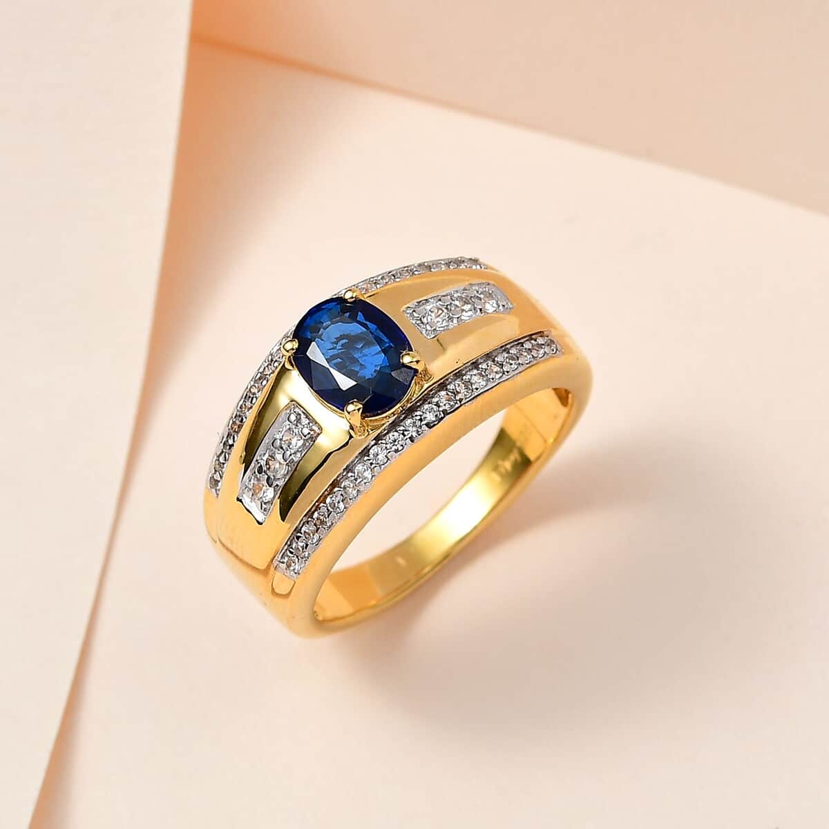 Tanzanian Blue Spinel (DF) and White Zircon Men's Ring in Vermeil Yellow Gold Over Sterling Silver (Size 10.0) 1.90 ctw image number 1