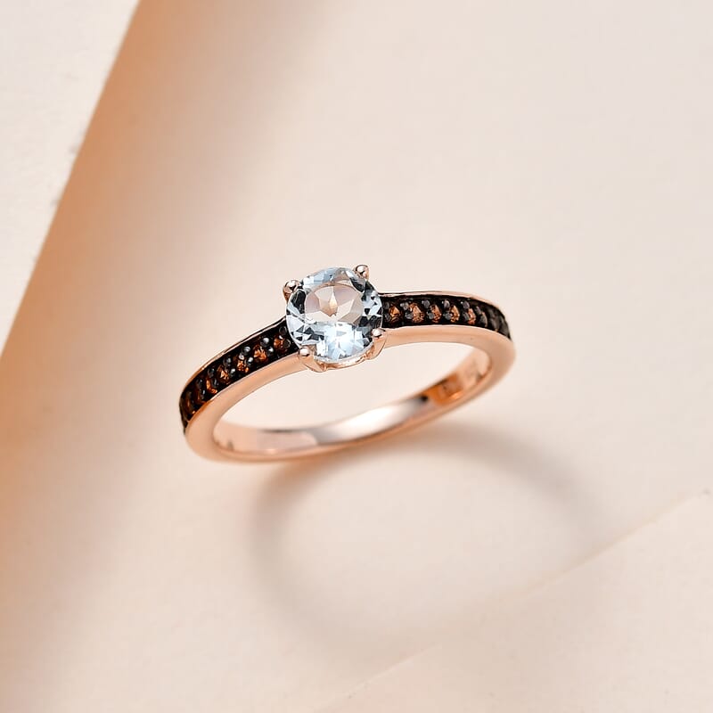 Premium Mangoro Aquamarine and Brown Zircon Ring in Vermeil Rose Gold Over Sterling Silver (Size 10.0) 0.70 ctw
