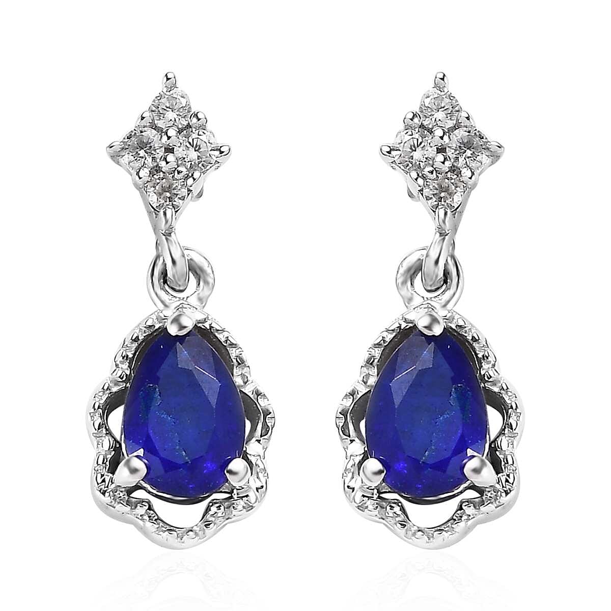 Tanzanian Blue Spinel (DF) and White Zircon Dangle Earrings in Platinum Over Sterling Silver 1.15 ctw