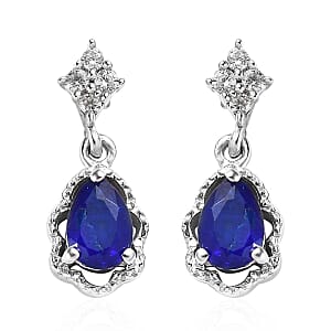 Tanzanian Blue Spinel (DF) and White Zircon Dangle Earrings in Platinum Over Sterling Silver 1.15 ctw