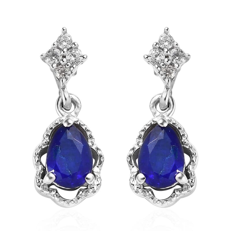 Tanzanian Blue Spinel (DF) and White Zircon Dangle Earrings in Platinum Over Sterling Silver 1.15 ctw