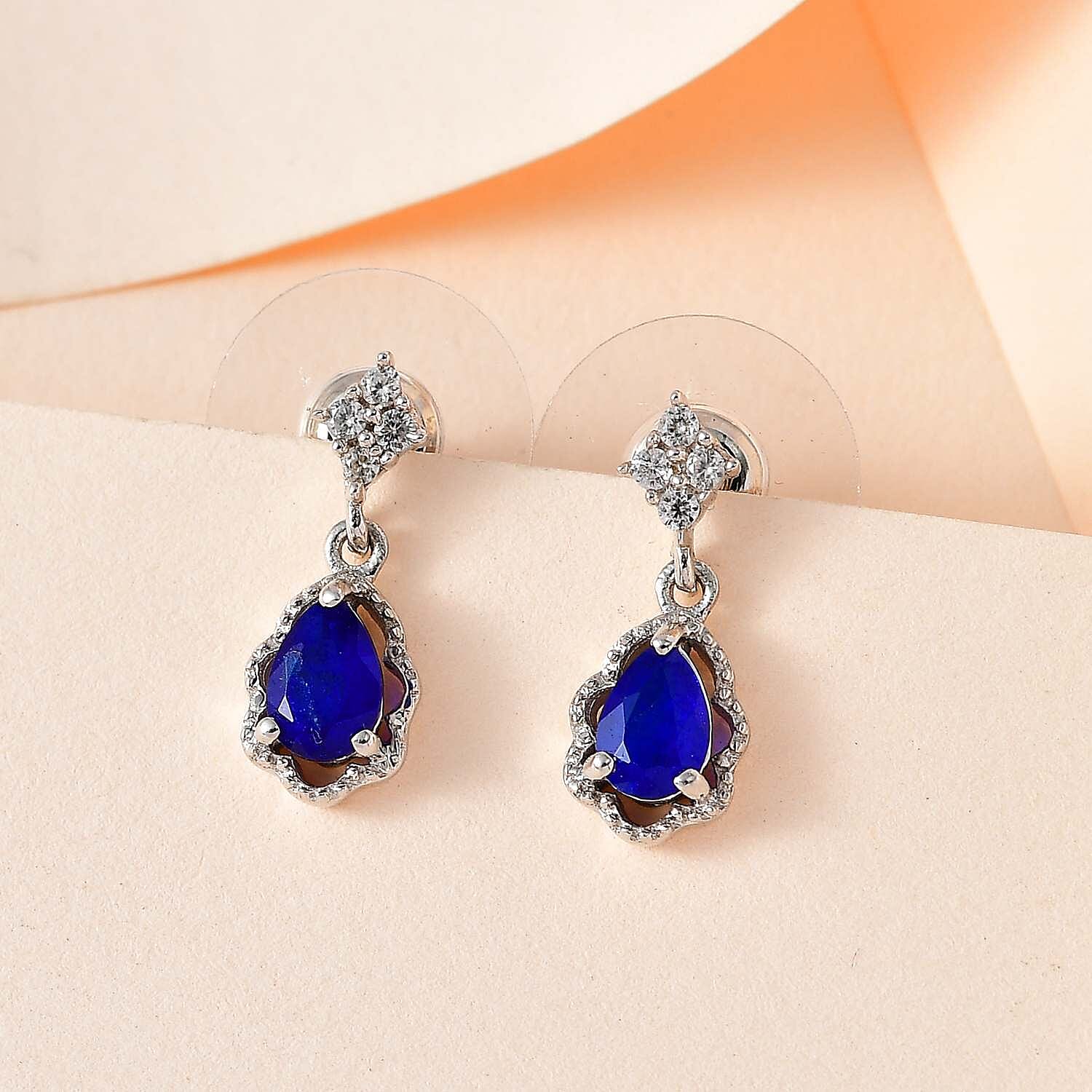 Tanzanian Blue Spinel (DF) and White Zircon Dangle Earrings in Platinum Over Sterling Silver 1.15 ctw