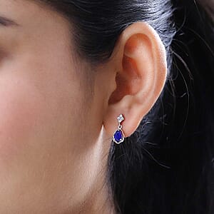 Tanzanian Blue Spinel (DF) and White Zircon Dangle Earrings in Platinum Over Sterling Silver 1.15 ctw