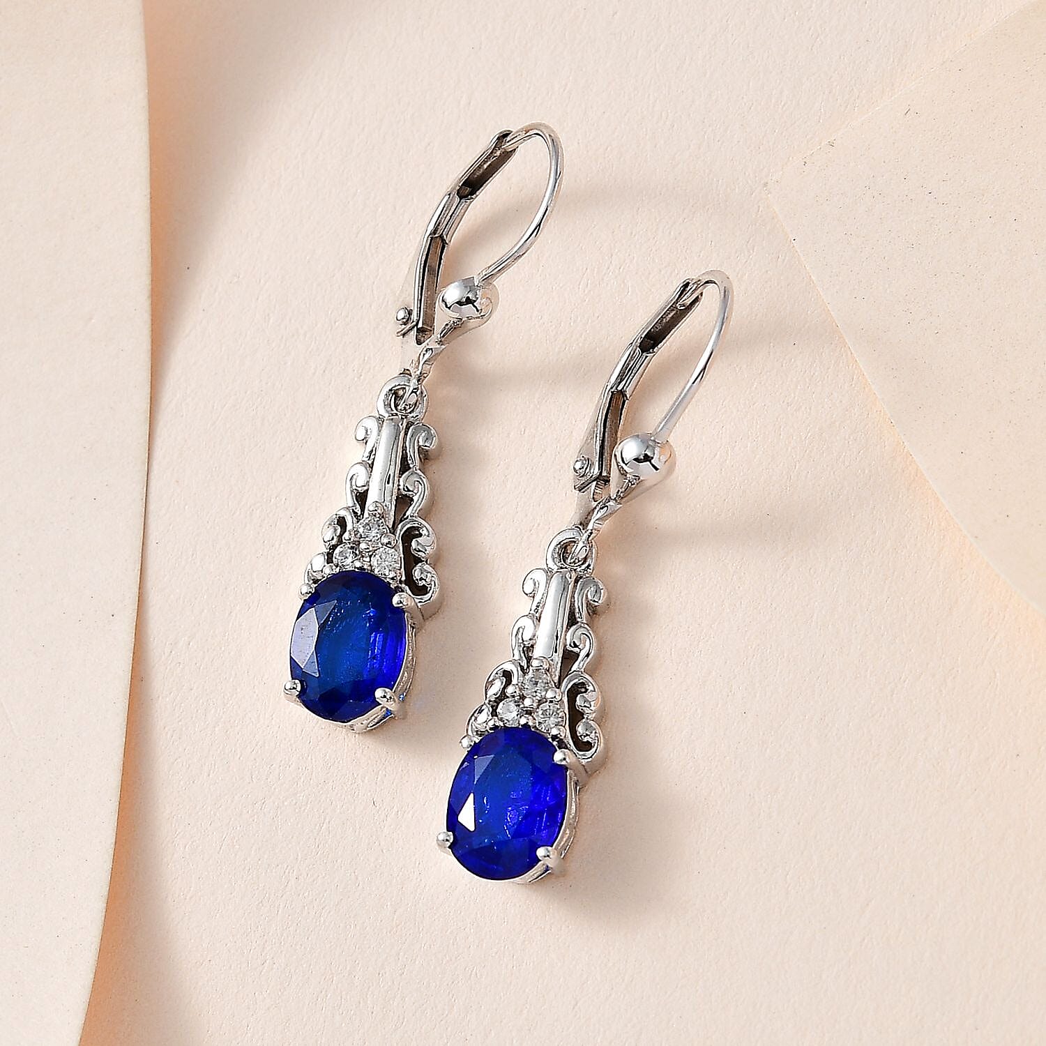 Tanzanian Blue Spinel (DF) and White Zircon Drop Earrings in Platinum Over Sterling Silver 3.00 ctw