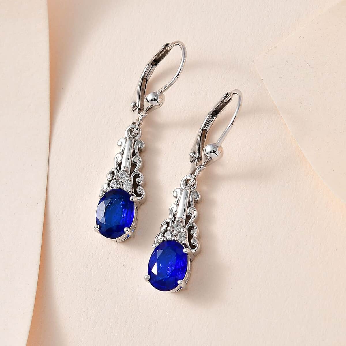 Tanzanian Blue Spinel (DF) and White Zircon Drop Earrings in Platinum Over Sterling Silver 3.00 ctw image number 1