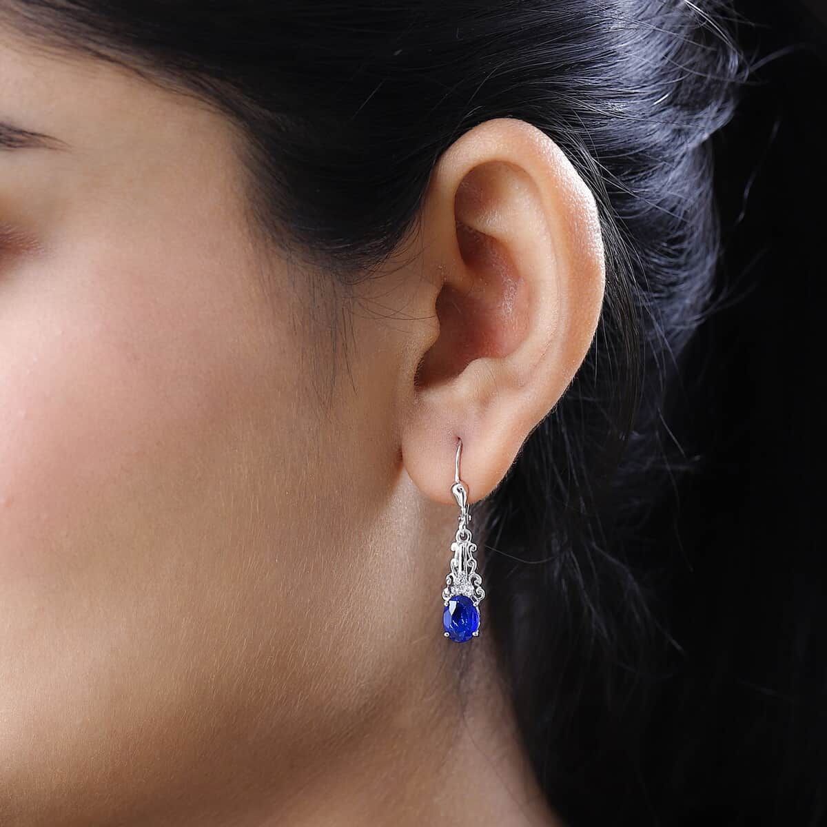 Tanzanian Blue Spinel (DF) and White Zircon Drop Earrings in Platinum Over Sterling Silver 3.00 ctw image number 2