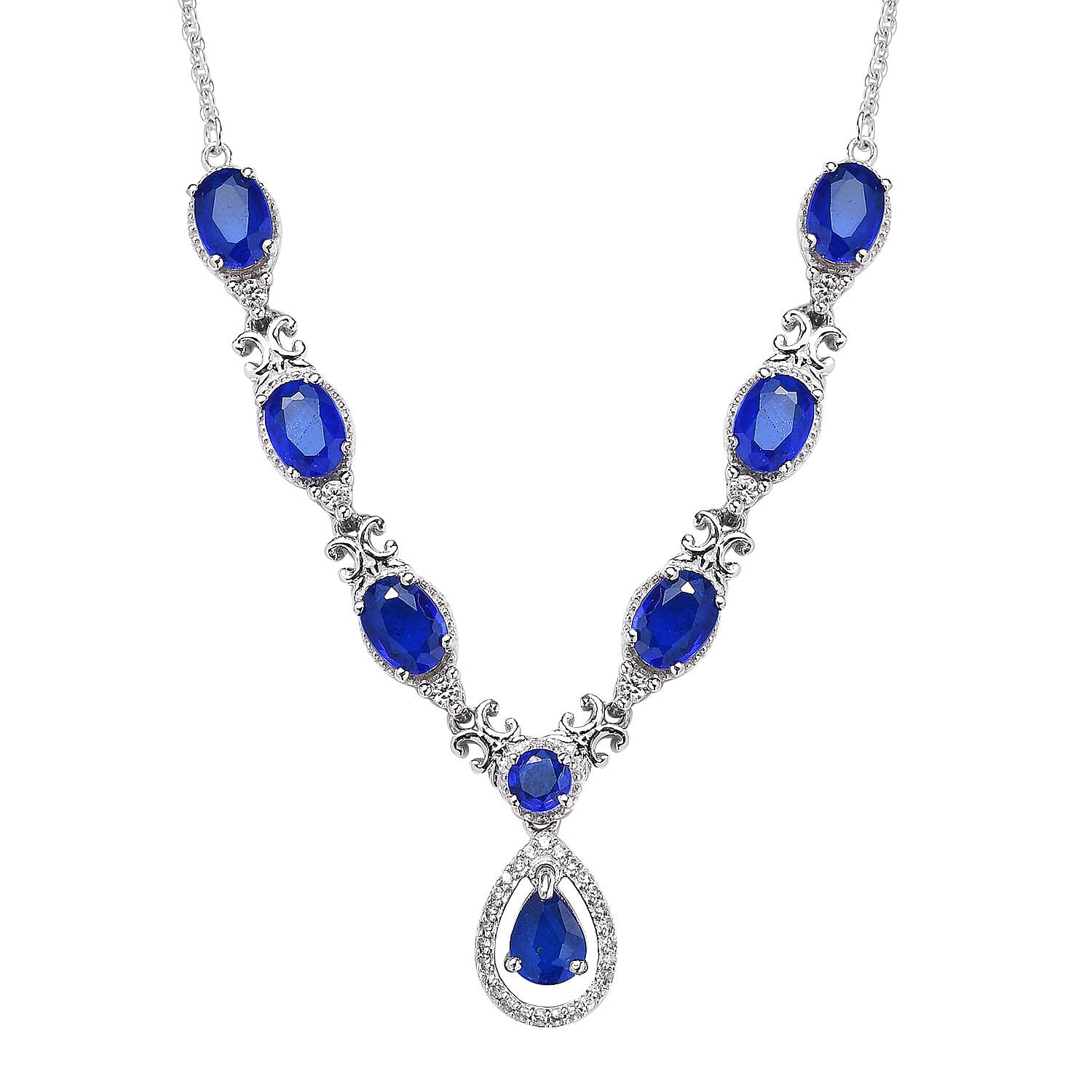 Tanzanian Blue Spinel (DF) and White Zircon Necklace 18 Inches in Platinum Over Sterling Silver 6.50 ctw