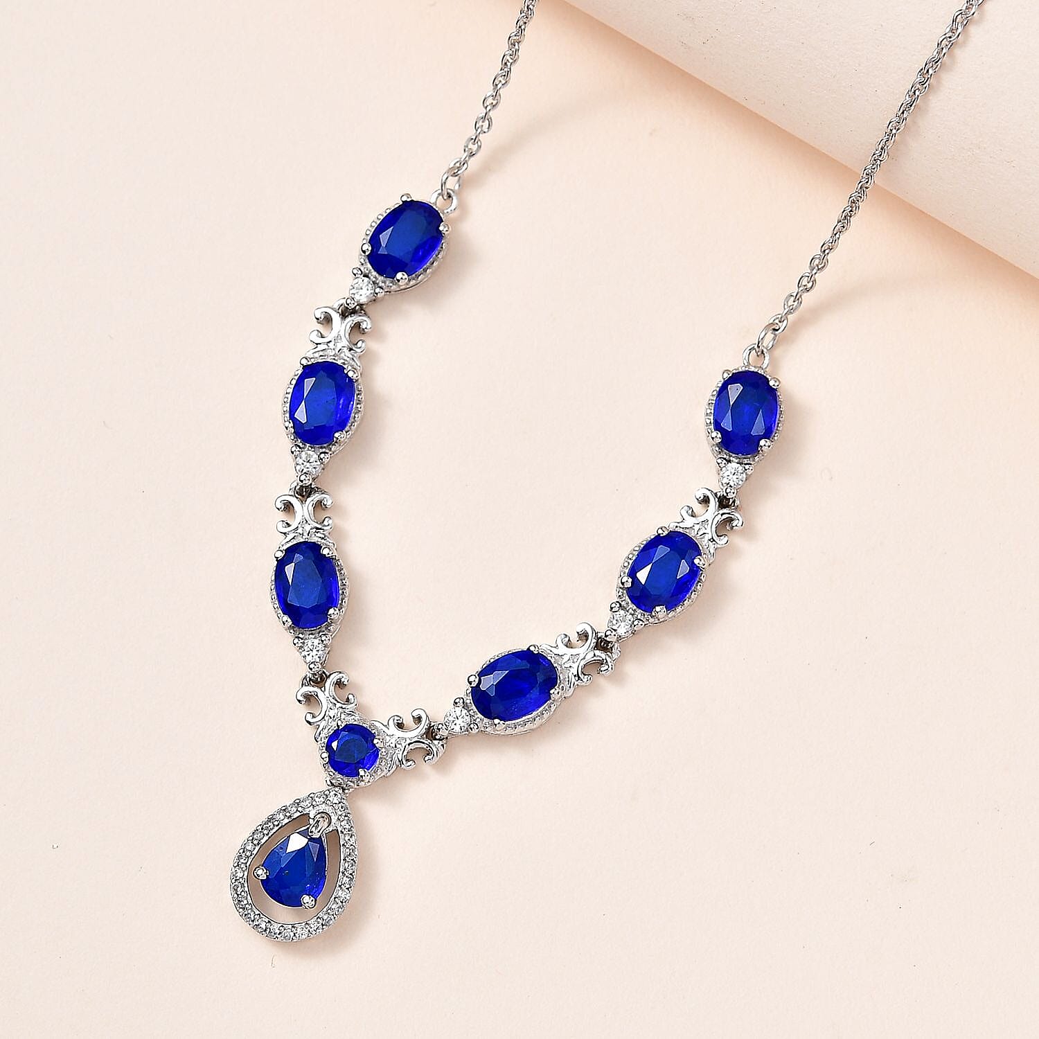 Tanzanian Blue Spinel (DF) and White Zircon Necklace 18 Inches in Platinum Over Sterling Silver 6.50 ctw