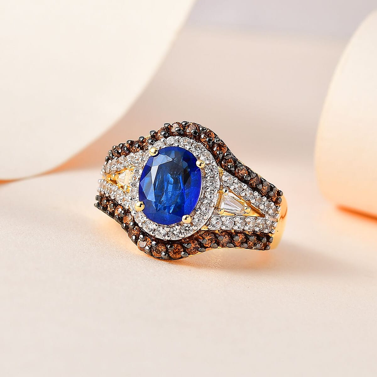 Tanzanian Blue Spinel (DF), White and Brown Zircon Ring in Vermeil Yellow Gold Over Sterling Silver 4.00 ctw image number 1