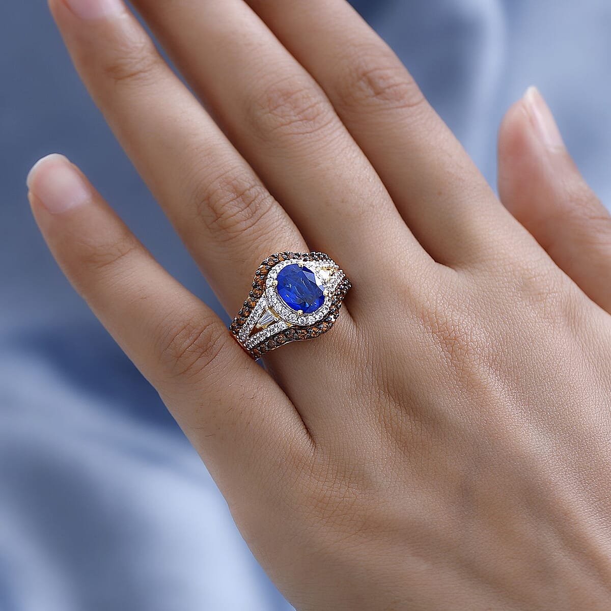 Tanzanian Blue Spinel (DF), White and Brown Zircon Ring in Vermeil Yellow Gold Over Sterling Silver 4.00 ctw image number 2