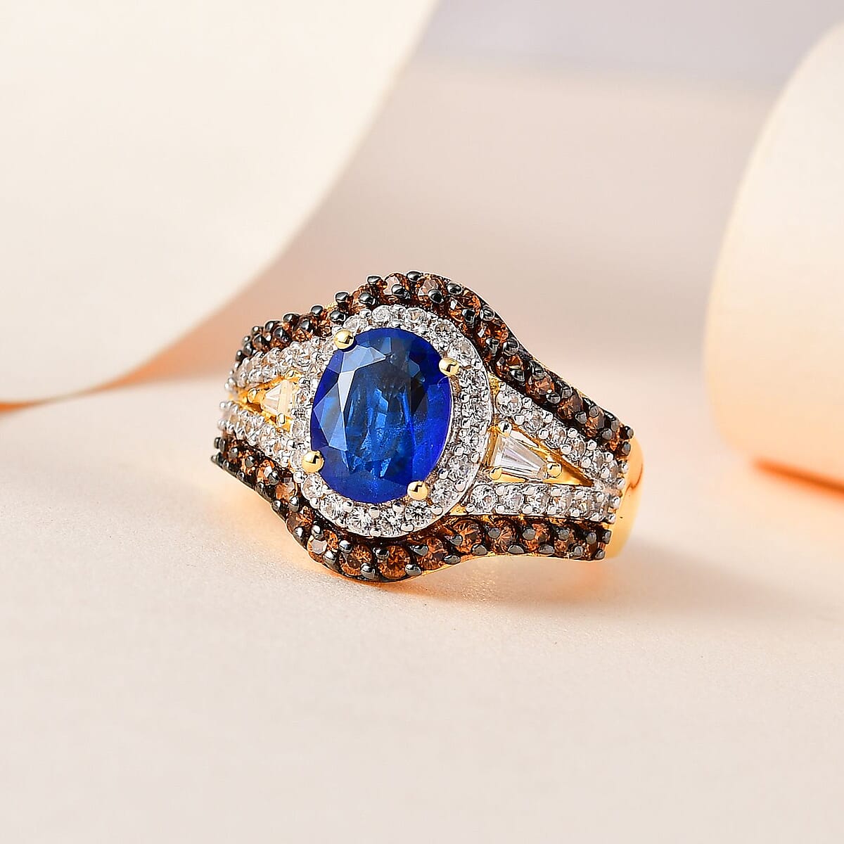Tanzanian Blue Spinel (DF), White and Brown Zircon Ring in Vermeil Yellow Gold Over Sterling Silver (Size 7.0) 4.00 ctw image number 1