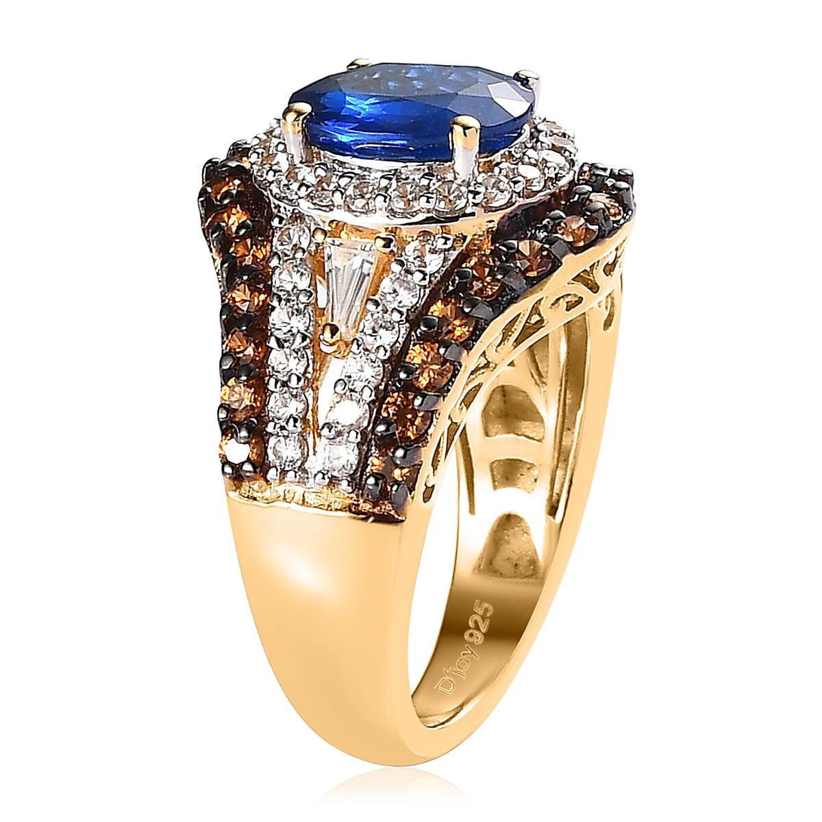 Tanzanian Blue Spinel (DF), White and Brown Zircon Ring in Vermeil Yellow Gold Over Sterling Silver (Size 7.0) 4.00 ctw image number 3