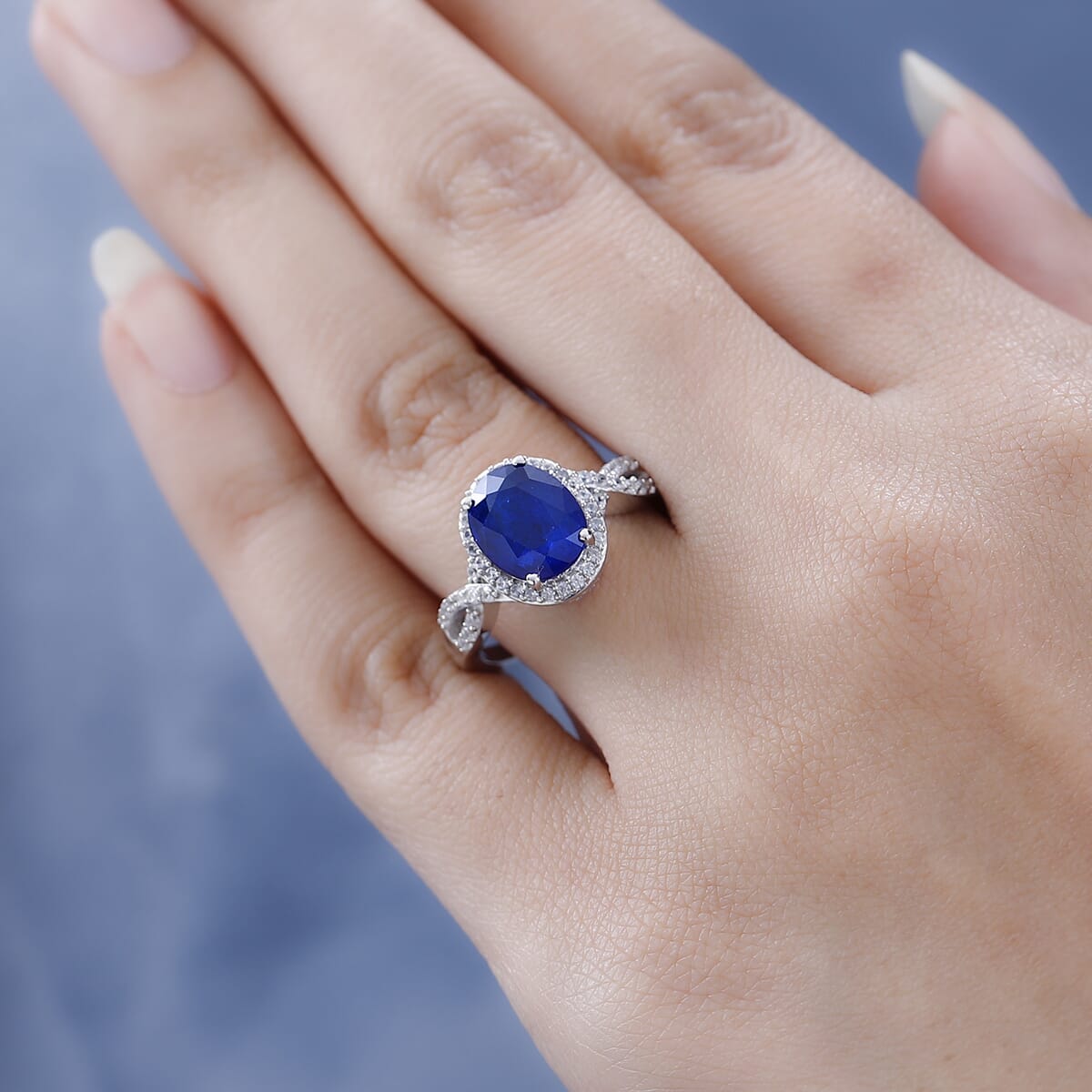 Tanzanian Blue Spinel (DF) and White Zircon Infinity Shank Ring in Platinum Over Sterling Silver 3.40 ctw image number 2