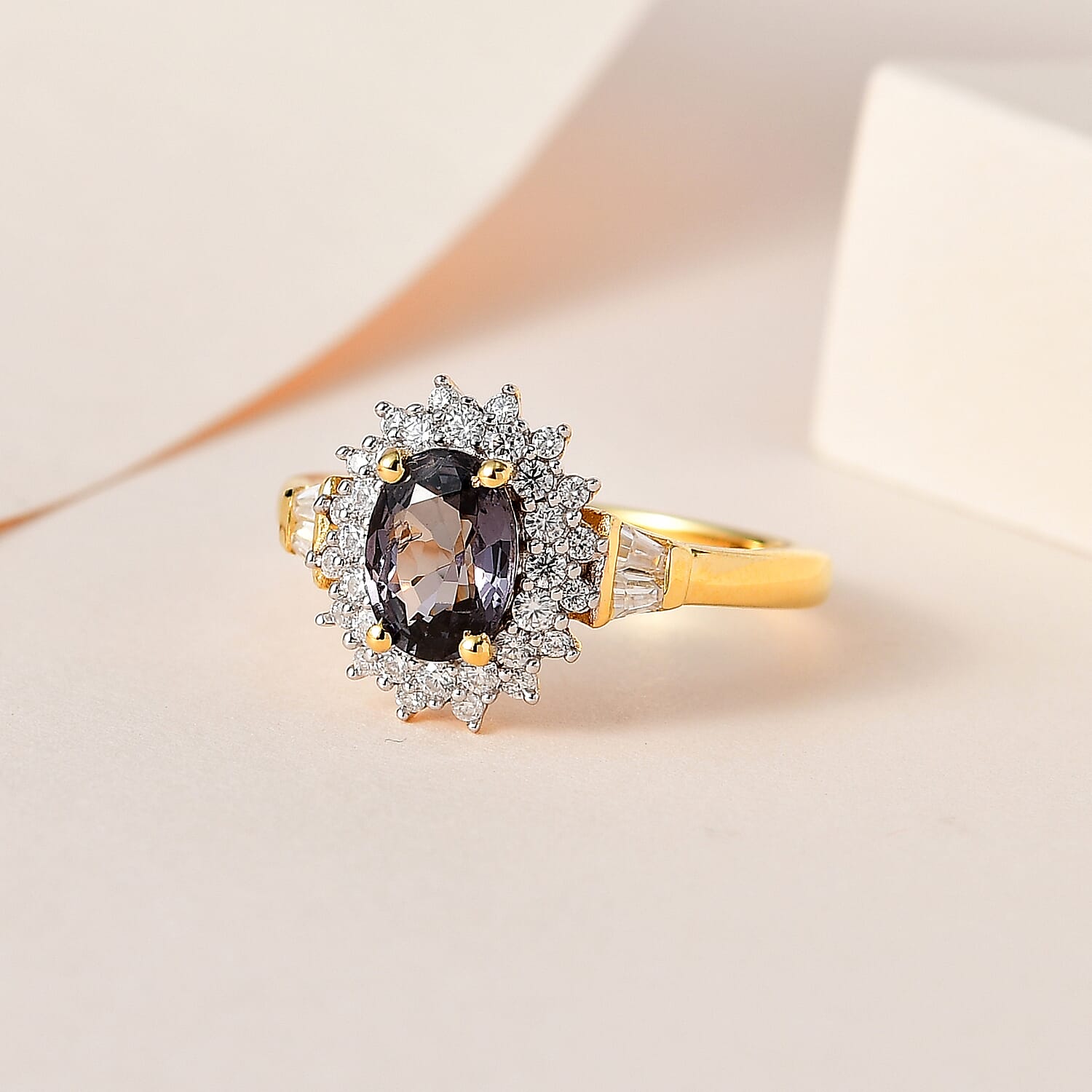 Tanzanian Platinum Spinel, Moissanite Sunburst Ring in Vermeil YG Over Sterling Silver (Size 10.0) 1.15 ctw