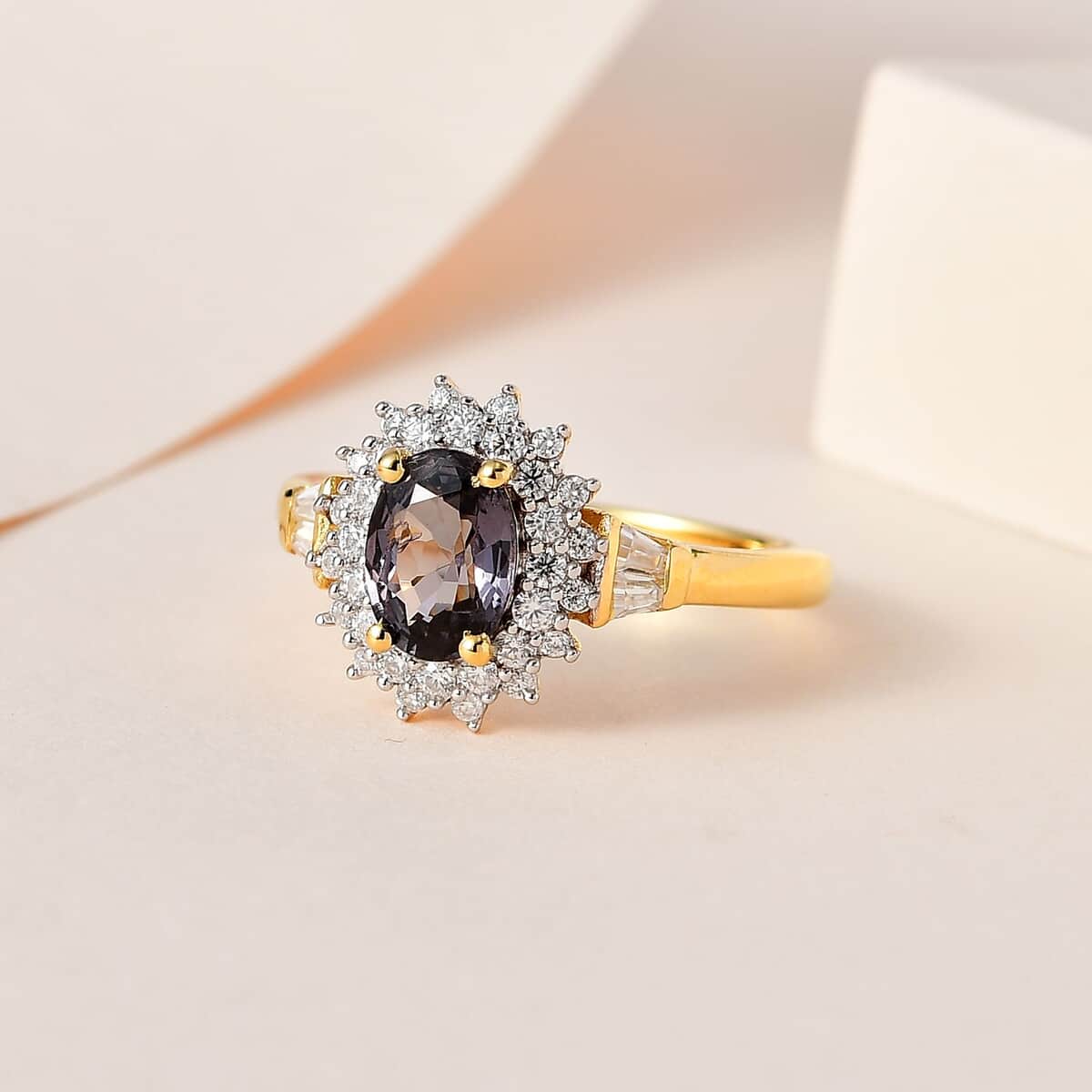 Tanzanian Platinum Spinel and Moissanite Sunburst Ring in Vermeil Yellow Gold Over Sterling Silver (Size 6.0) 1.15 ctw image number 1