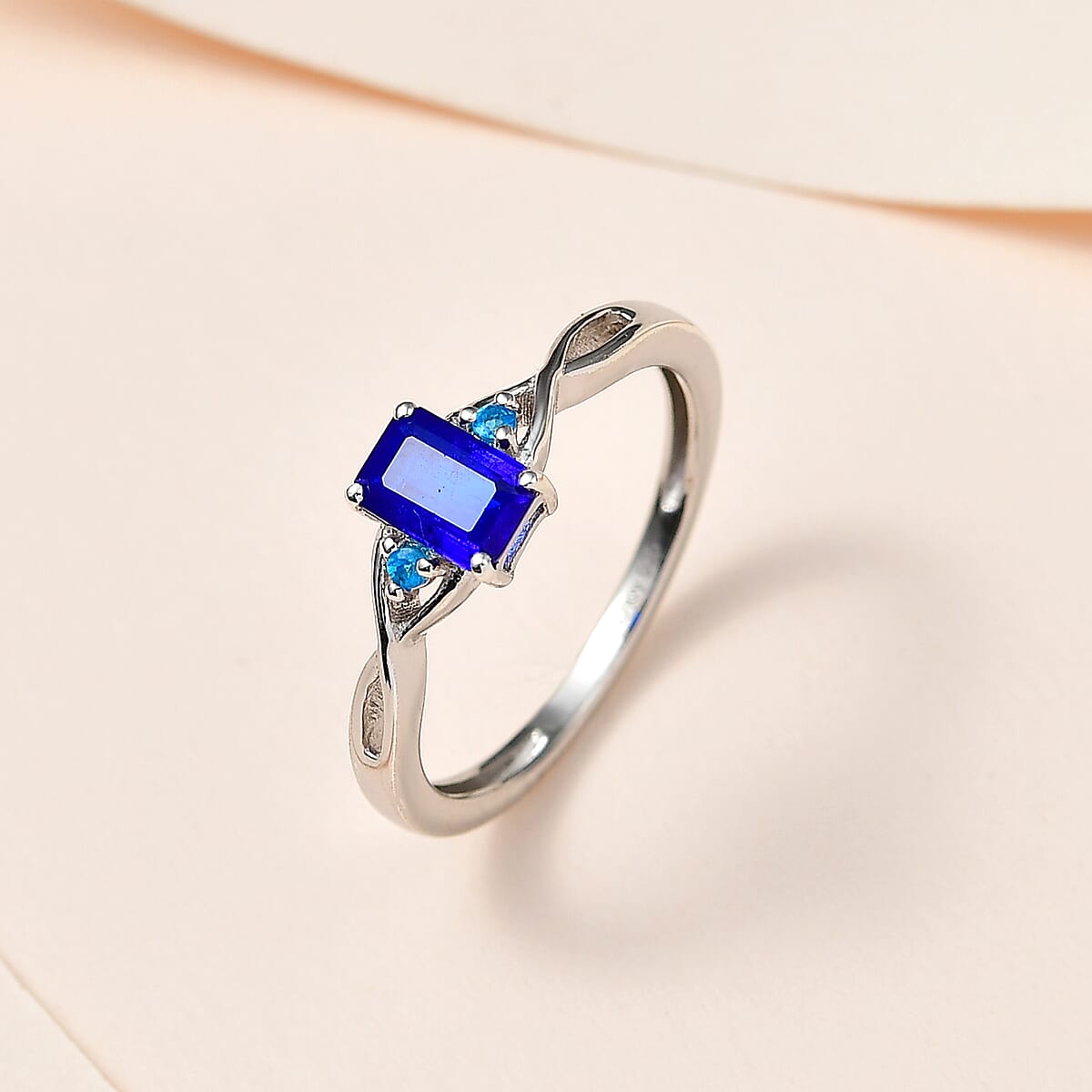 Tanzanian Blue Spinel (DF) and Malgache Neon Apatite Twisted Shank Ring in Platinum Over Sterling Silver (Size 10.0) 0.65 ctw image number 1