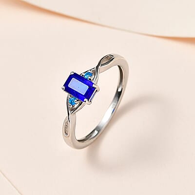 Tanzanian Blue Spinel (DF) and Malgache Neon Apatite Twisted Shank Ring in Platinum Over Sterling Silver (Size 10.0) 0.65 ctw