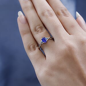 Tanzanian Blue Spinel (DF) and Malgache Neon Apatite Twisted Shank Ring in Platinum Over Sterling Silver (Size 10.0) 0.65 ctw