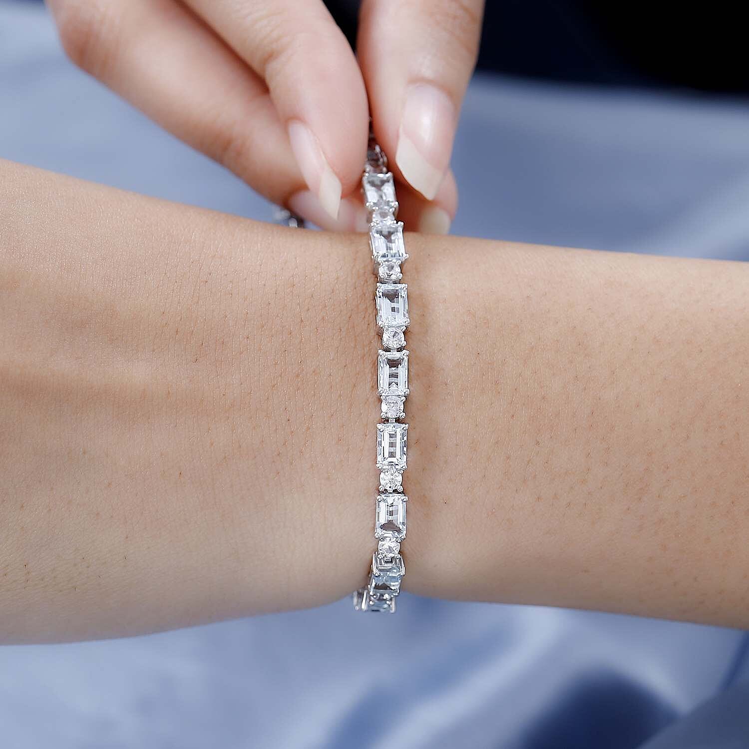 Premium Mangoro Aquamarine and White Zircon Bracelet in Platinum Over Sterling Silver (7.25 In) 14.65 ctw