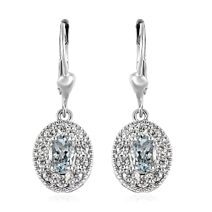 Premium Mangoro Aquamarine and White Zircon Halo Earrings in Platinum Over Sterling Silver 1.85 ctw