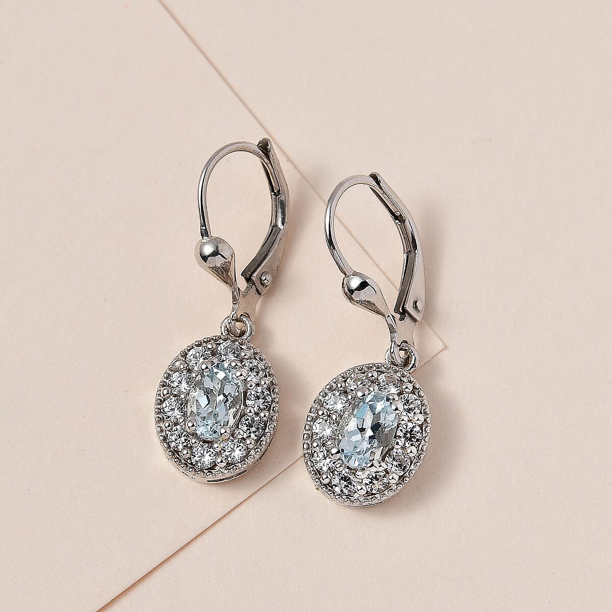 Premium Mangoro Aquamarine and White Zircon Halo Earrings in Platinum Over Sterling Silver 1.85 ctw image number 1
